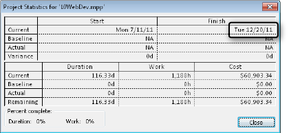 The Project Statistics dialog box shows overall project information: project start date, project finish date, total duration, total work, and total cost.