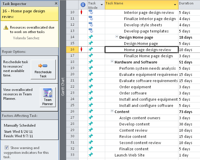 Use the Task Inspector to review the factors that determine how a task is scheduled.