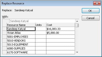 Use the Replace Resource dialog box to remove one resource and add a different one in a single operation.