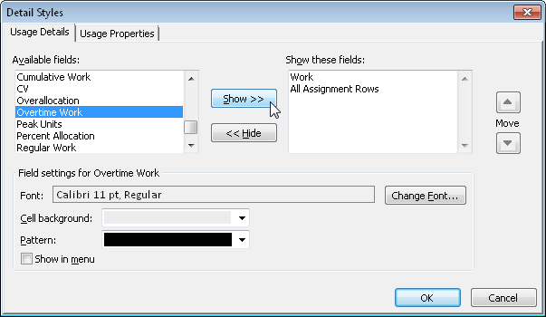 Use the Detail Styles dialog box to add another row of timephased information to the timesheet area of the Resource Usage or Task Usage view.