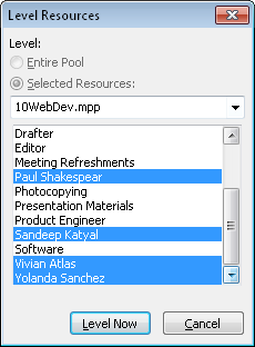 The Level Resource command resolves any overallocations for selected resources according to the settings in the Resource Leveling dialog box.