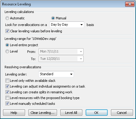 You can do a standard leveling operation using the defaults, or you can set your own options in the Resource Leveling dialog box.