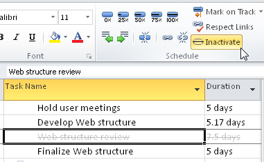 Inactivated tasks and their associated Gantt bars still show as “ghost” images in your project plan, and you can reactivate them later if needed.