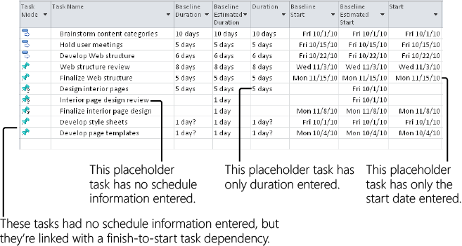 The estimated baseline fields show distinguishing information only for manually entered placeholder tasks.