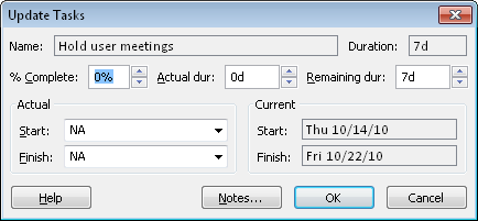 Use the Update Tasks dialog box to enter different types of progress information for one or more selected tasks.