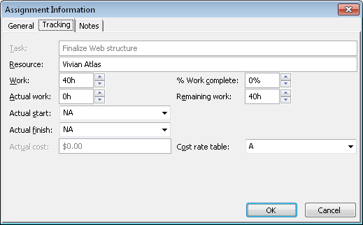 Use the Tracking tab in the Assignment Information dialog box to update progress for an assignment.