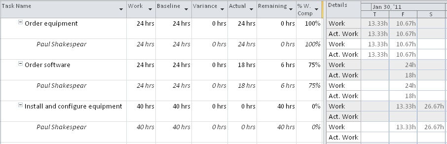 Use the Task Usage view to enter daily values of actual work on assignments.