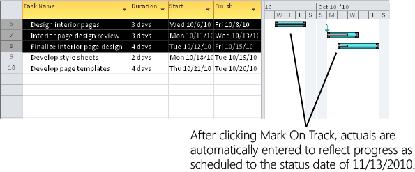 Select any tasks that are going exactly as scheduled, and then click Mark On Track to enter current progress information.