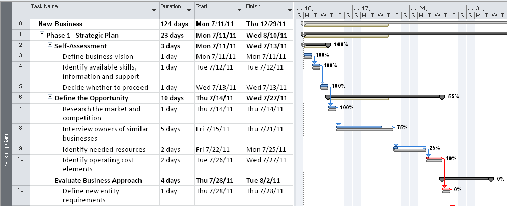 The Tracking Gantt shows the progress, the percentage complete, the baseline, and the critical path in the chart area of the view. The project summary task shows the rolled-up duration and project start and finish dates.