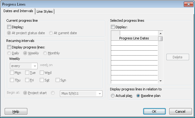 Set progress lines in the Gantt Chart by using the Progress Lines dialog box.