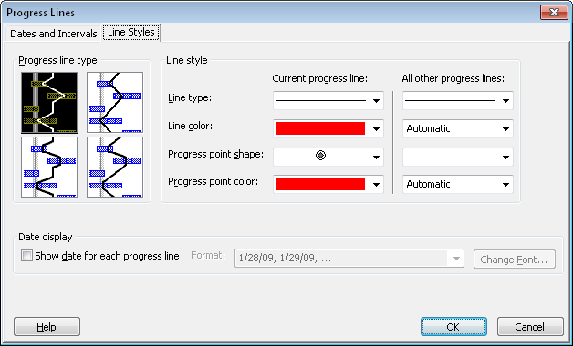 Use the Line Styles tab in the Progress Lines dialog box to customize how progress lines appear in your Gantt Chart.