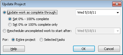 Reschedule uncompleted work all at once by using the Update Project dialog box.