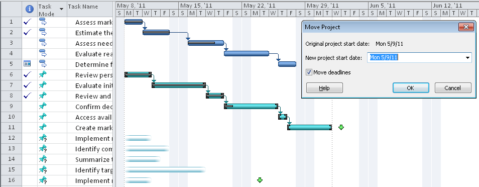 Use the Move Project dialog box to specify a new project start date.