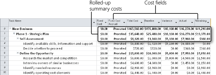 Apply the Cost table to a task sheet to see the most important cost data for tasks.