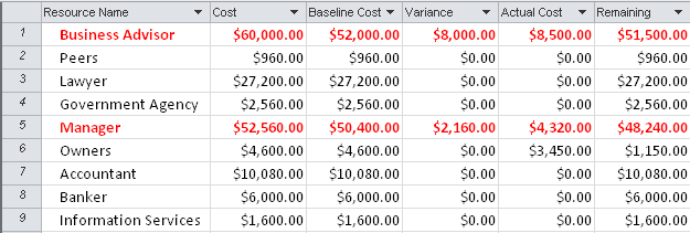 Apply the Cost table to a resource sheet to see summarized cost data for resources, based on their task assignments.