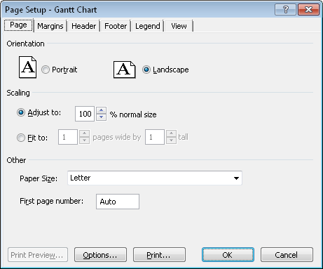 Use the Page Setup dialog box to specify page scaling, margins, headers, footers, and more.