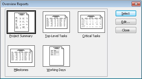 The Overview Reports dialog box shows the available summary reports.