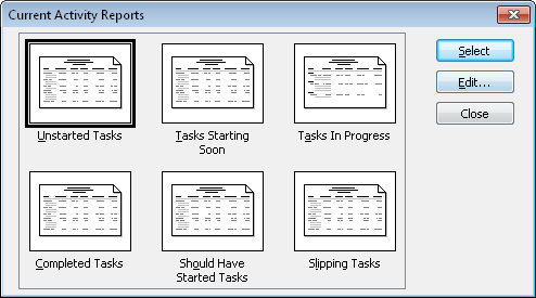 The Current Activity Reports dialog box shows the available text reports for the Current category.