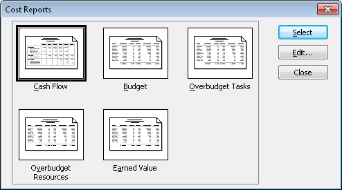 Choose one of the available cost-related reports in the Cost Reports dialog box.