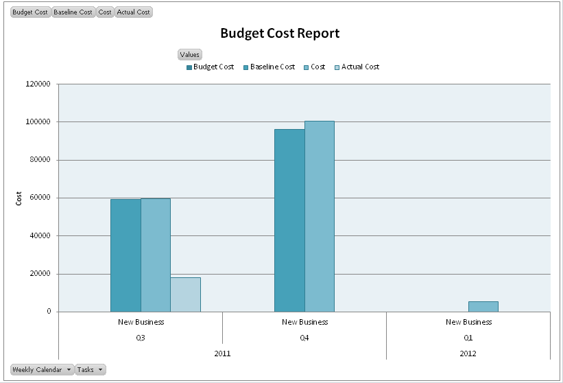 The Budget Cost Report shows an Excel column chart of budgeted costs.