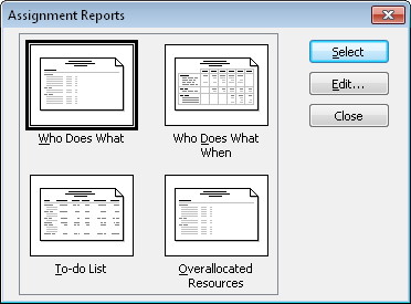 The Assignment Reports dialog box lists the reports for resources and their assigned tasks.