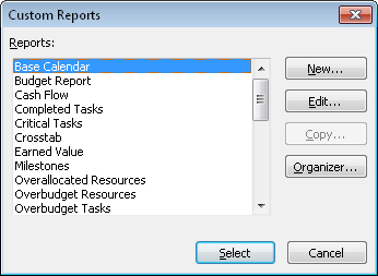 The Custom Reports dialog box displays the list of all available built-in text report formats.