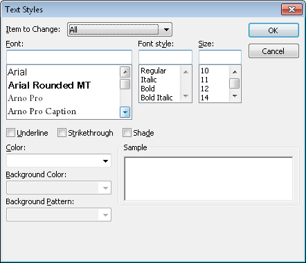 Change the font of various items in the report by using the Text Styles dialog box.