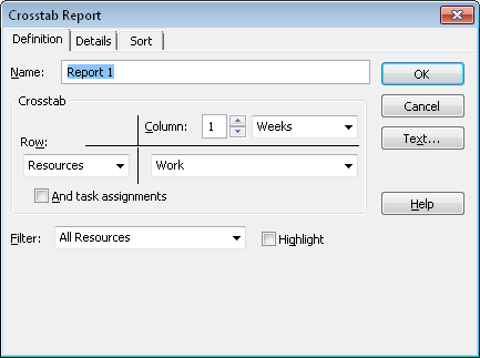 The Crosstab Report dialog box appears for any report that displays a tabular format of intersecting information along vertical and horizontal fields of information.