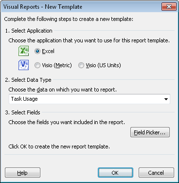 When you create a new visual report template, you must specify the application (Excel or Visio), the data type (OLAP cube), and the project fields to be included.