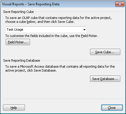 Use the Visual Reports - Save Reporting Data dialog box to save a customized OLAP cube.