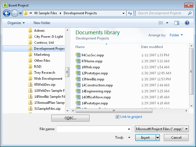 Browse in the Insert Project dialog box to find the project you want to insert.