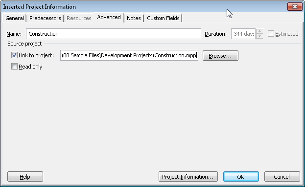 Use the Advanced tab in the Inserted Project Information dialog box to change a subproject to read-only or to remove the link to the subproject.