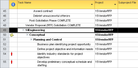 The tasks from the disconnected subproject remain in the project, but they no longer have a link to the source project file.