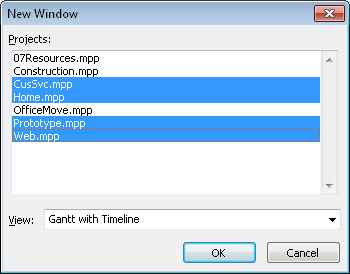 In the New Window dialog box, select the names of the project files you want to consolidate.