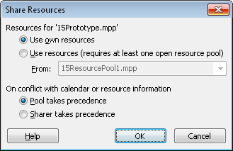 Use the Share Resources dialog box to specify that you want your project file to use the resource pool.