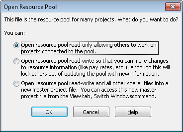 You see this alert whenever you directly open a resource pool file. Specify whether you want to open the resource pool as read-only or read-write.