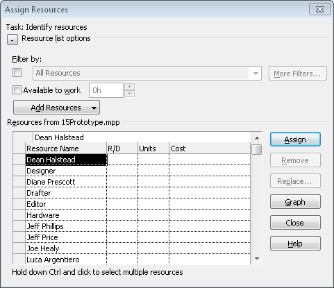 Use the Assign Resources dialog box to check resource availability while making assignments.