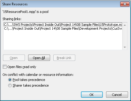 In the resource pool, the Share Resources dialog box shows the path of all sharer files.