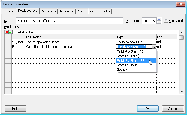 The external task name and link information appear in the Predecessors table.