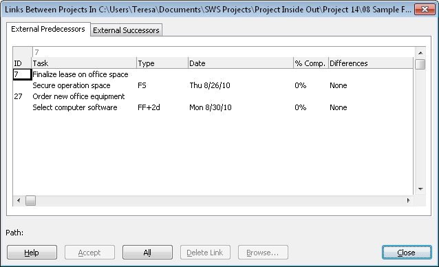 The Links Between Projects dialog box shows the pairs of externally linked tasks. It also shows the link types, finish dates, current percentage complete, and any available updates.