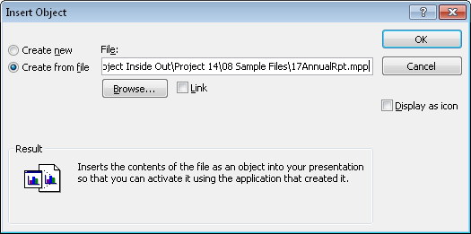 Select the project file you want to embed in the other application’s file.