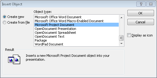 Use the Insert Object dialog box to create a new Project 2010 file as an embedded object.