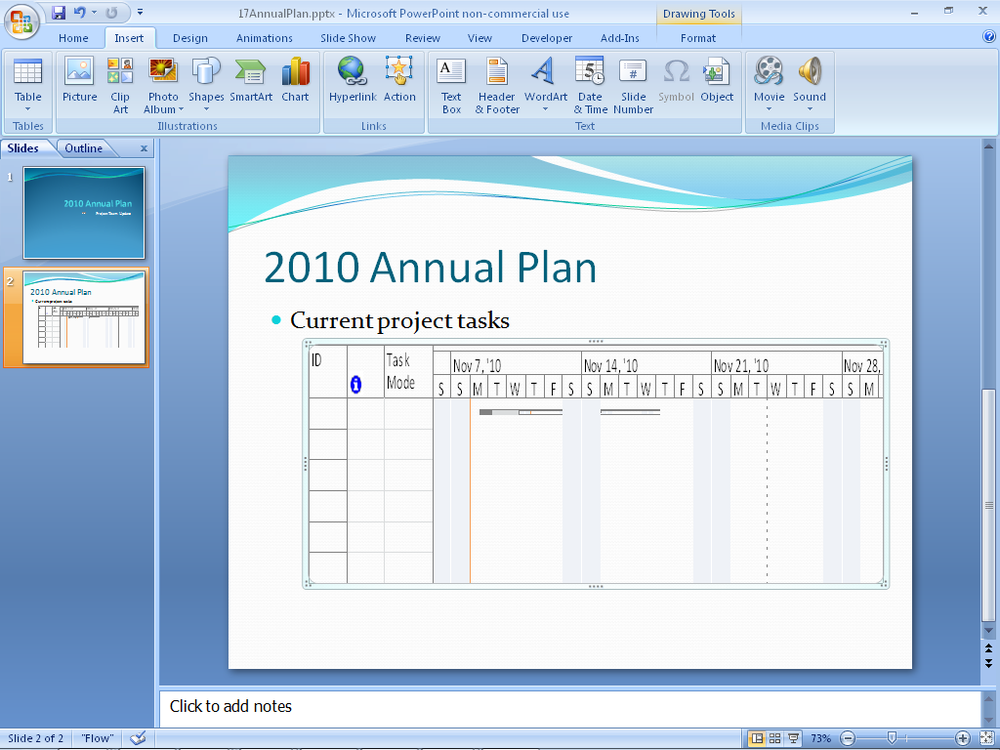 The new project is embedded in the destination application, in this case PowerPoint.