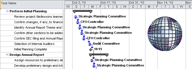 Copy and paste a graphic or other object into a Project 2010 Gantt Chart view to embed it.