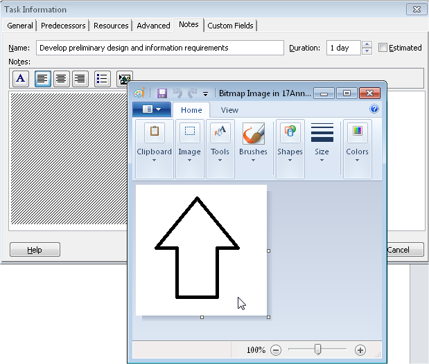 In this example, Microsoft Paint launches when you insert a bitmap image as a new object in your note.