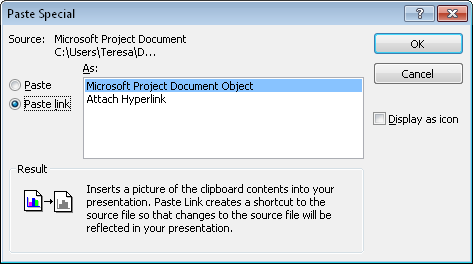 Use the Paste Special dialog box to create a link from Project 2010.