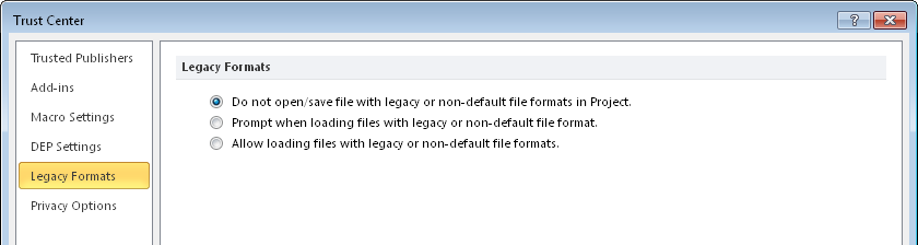 Use the Legacy Formats area in the Trust Center to allow Project 2010 to export information as an older Excel file.