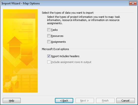 Use the Map Options page of the Import Wizard to specify the types of data you are importing.