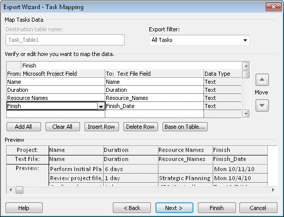 Work through the Export Wizard to define the project information that will be available to the destination application.