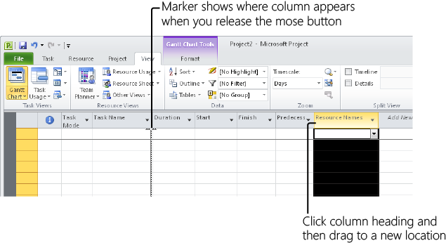 Move columns in Project 2010 so that the table columns match the order and type of the Excel data being copied and pasted. A vertical gray marker appears to show where the column will be moved.